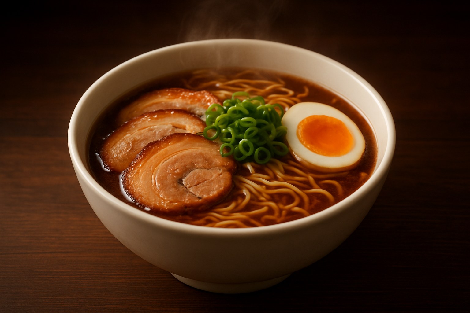 湯気の立つ醤油ラーメンのイメージ