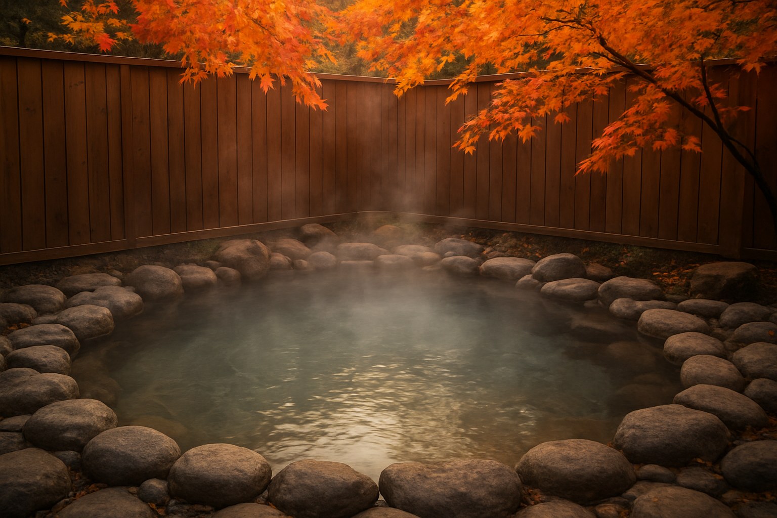 秋のもみじの下の湯気の立つ露天風呂のイメージ