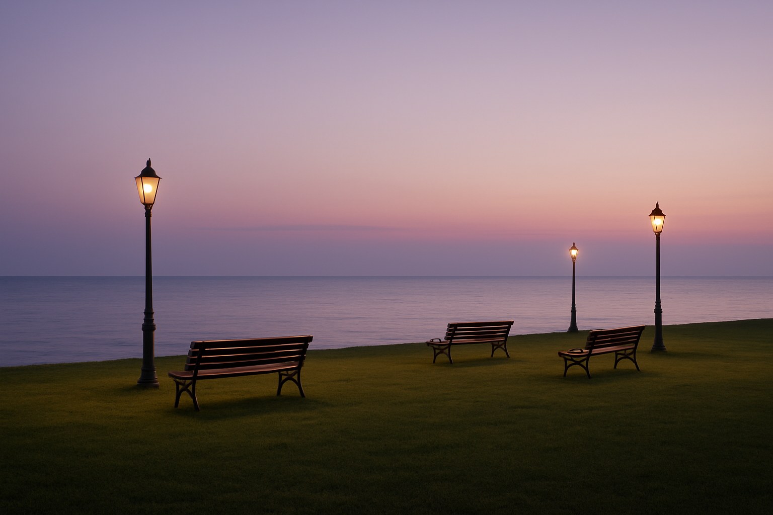 薄紫の夕空と海を背にした芝生の広場と空のベンチのイメージ