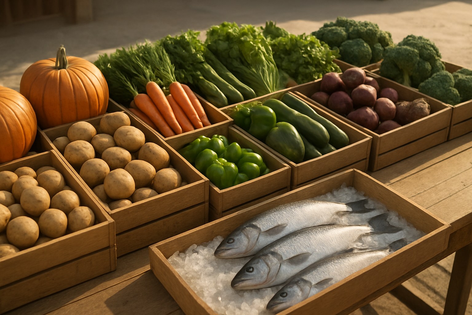 木箱に並ぶ野菜と氷の上の魚のイメージ
