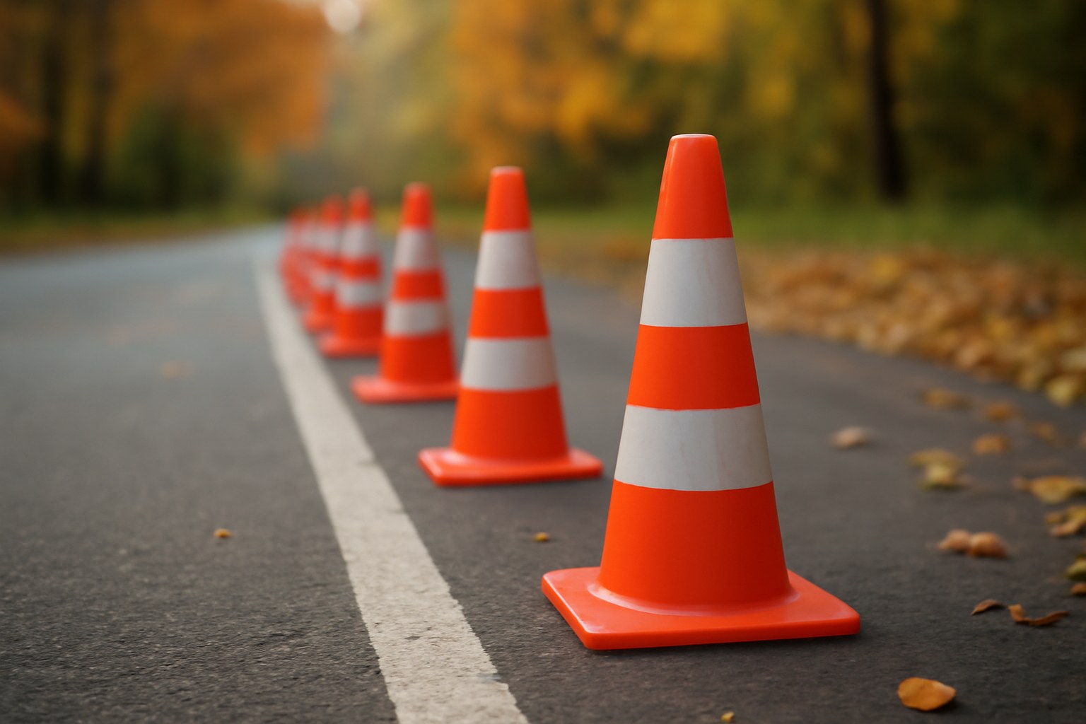 道路の端に並ぶカラーコーン